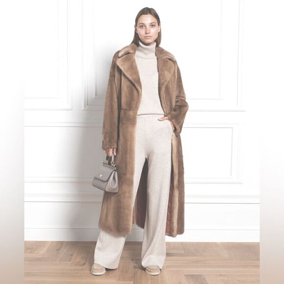 Massini * Pastel Brown Full Length Belted Vertical Mink Mob Wife Coat - Picture 13 of 16